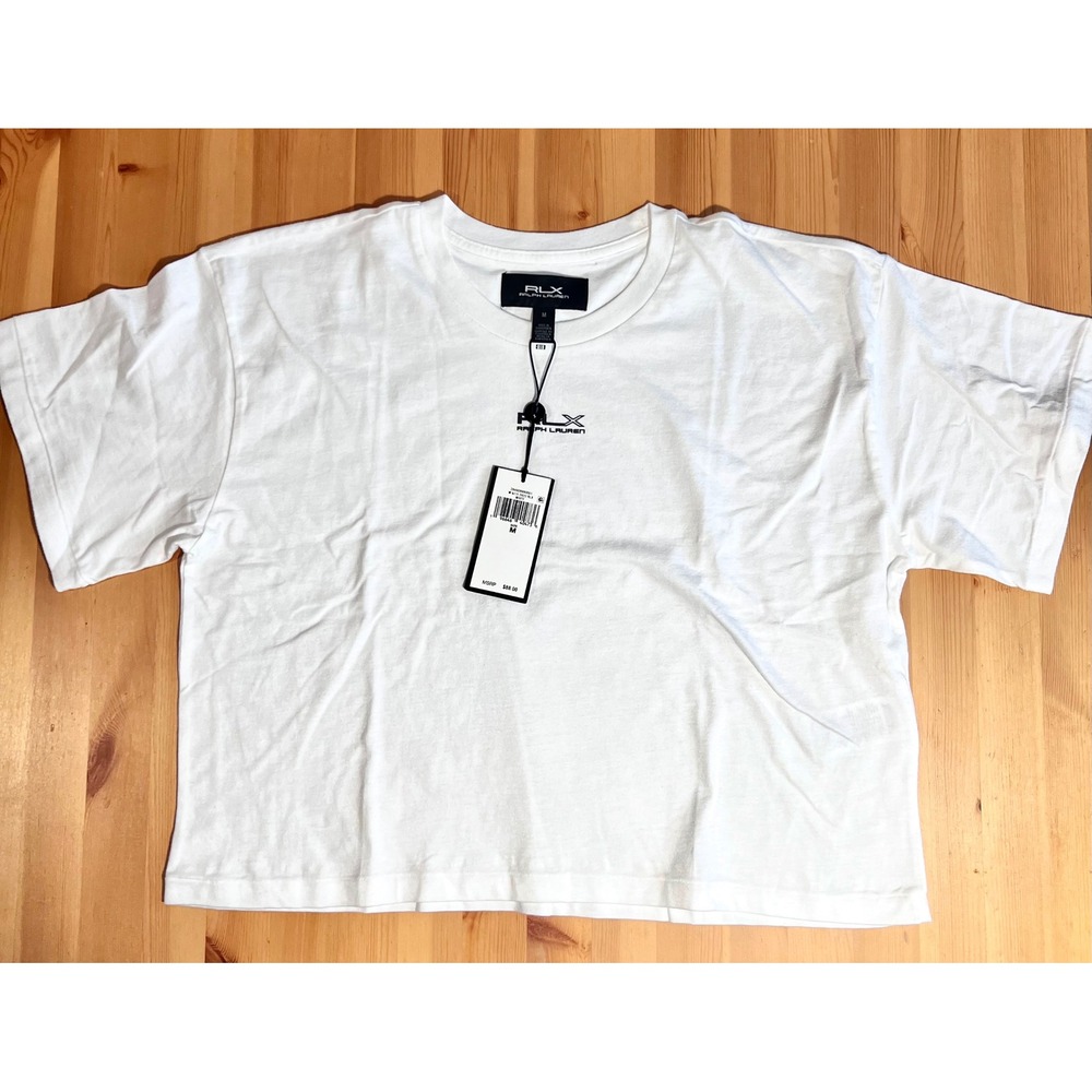 RLX Ralph Lauren White Cropped T Shirt Womens‎ Medium Short Sleeve Graphic Logo
